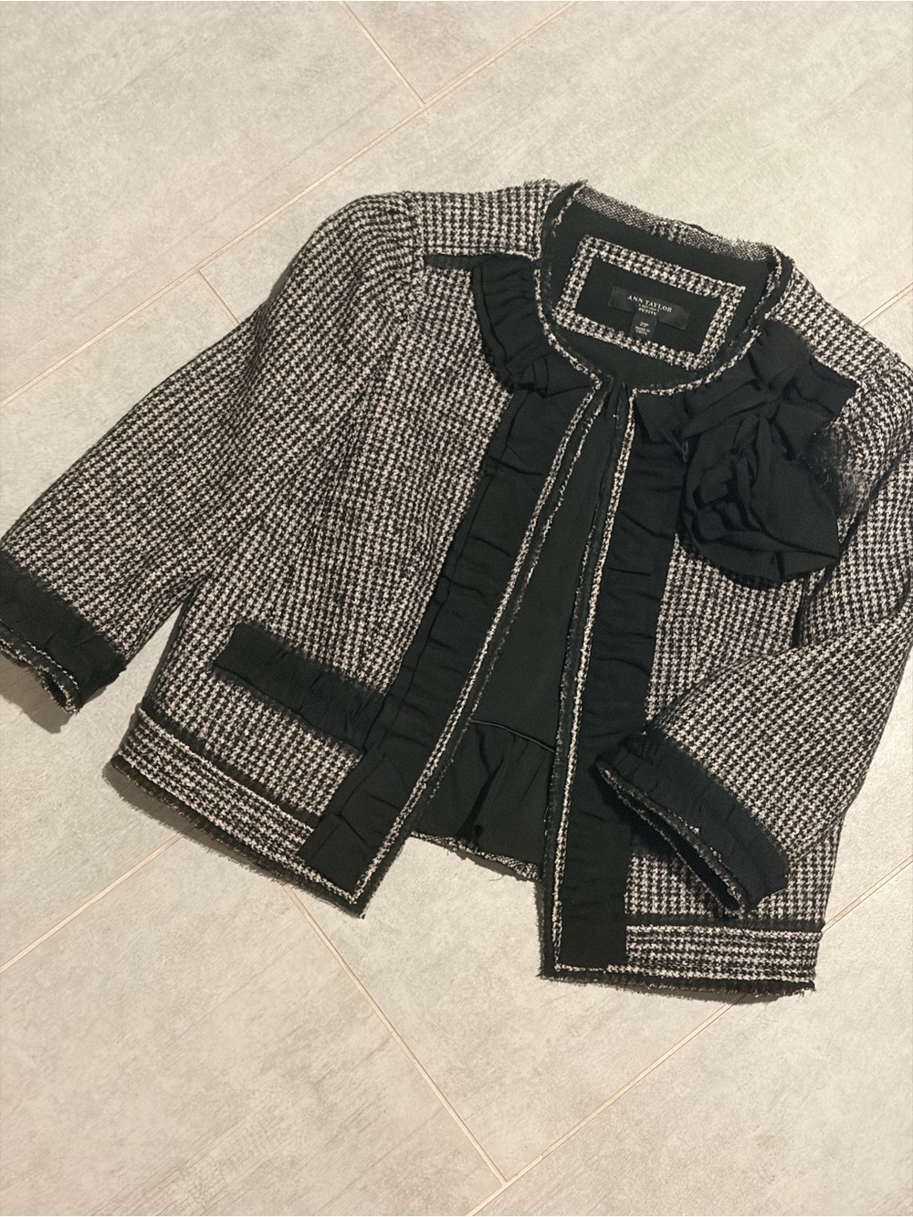 Ann Taylor Black and White Houndstooth Tweed Jacket with Ruffle Trim
